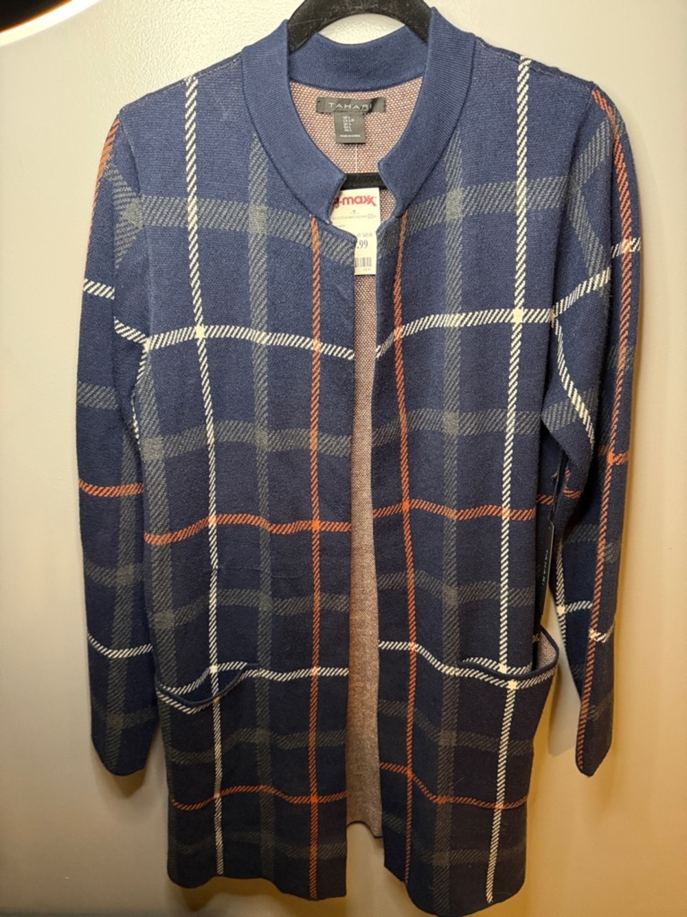 Tahari Navy Plaid Open-Front Cardigan with Rust & White Stripes